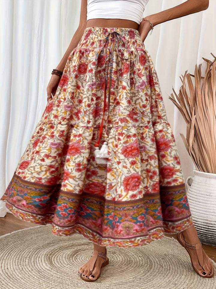 Damen Boho Lange Blumige Elegante Sommermode Rock mit Taschen