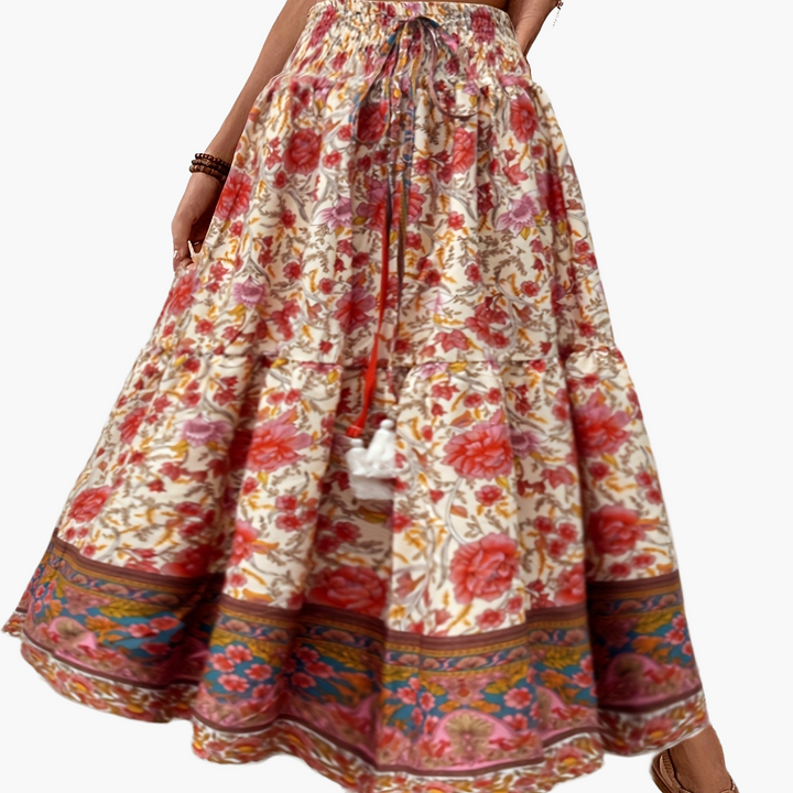 Damen Boho Lange Blumige Elegante Sommermode Rock mit Taschen
