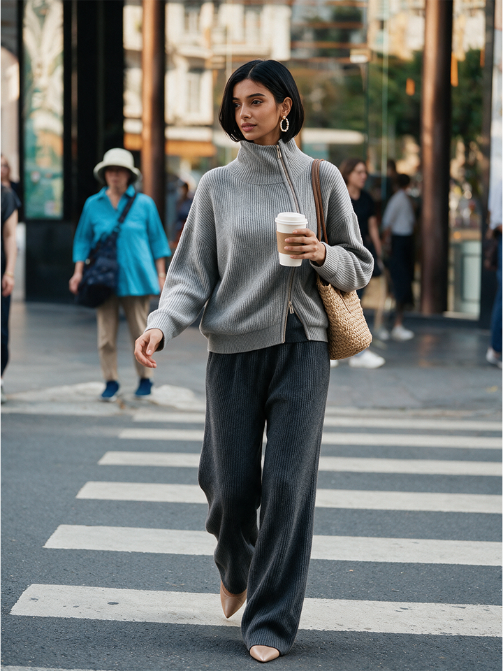 Damen Grauer Diagonal-Reißverschluss Funnel Neck Strickpullover