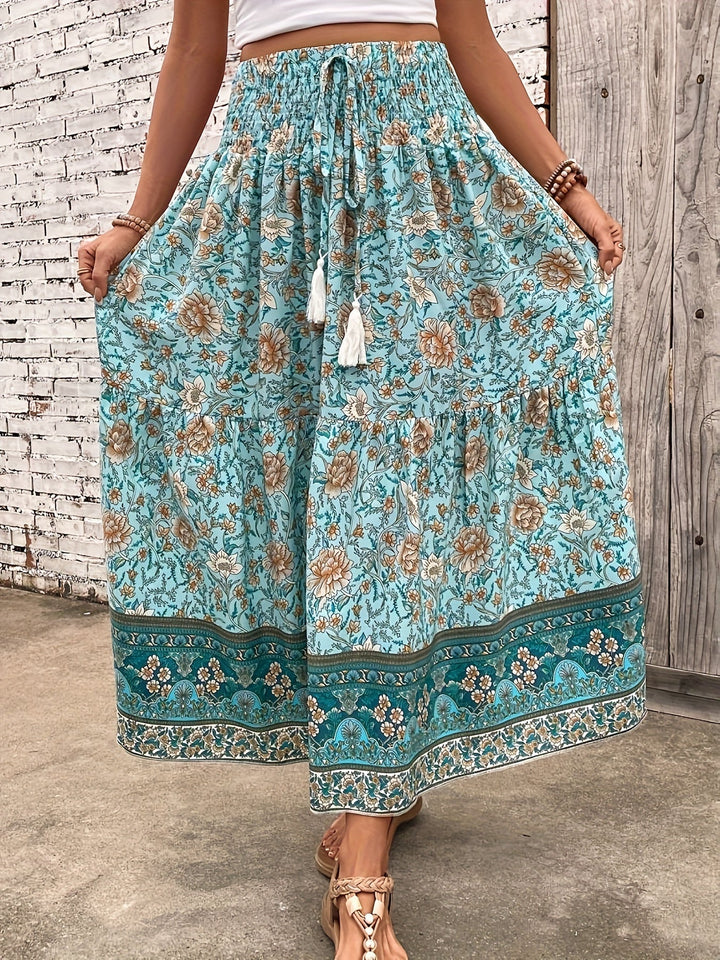 Damen Boho Lange Blumige Elegante Sommermode Rock mit Taschen
