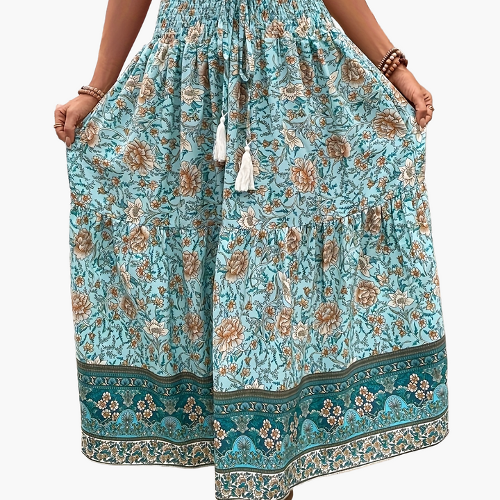 Damen Boho Lange Blumige Elegante Sommermode Rock mit Taschen