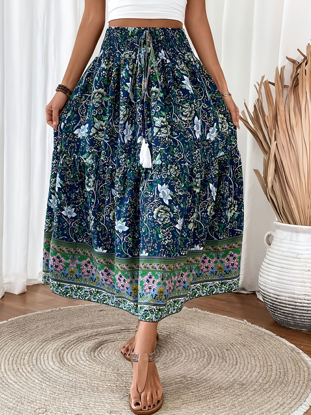 Damen Boho Lange Blumige Elegante Sommermode Rock mit Taschen