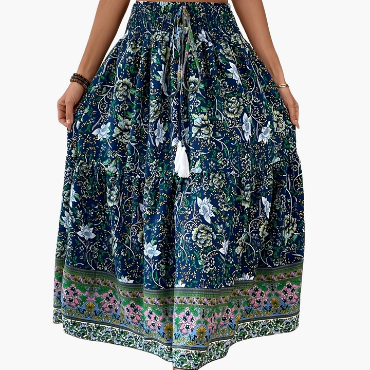 Damen Boho Lange Blumige Elegante Sommermode Rock mit Taschen