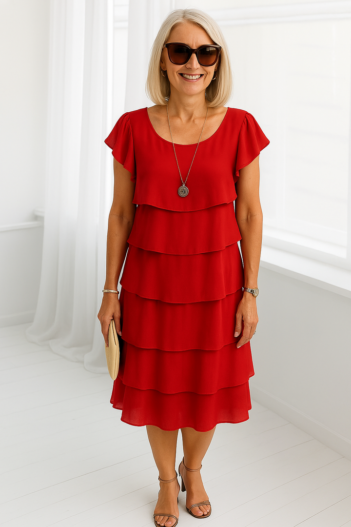 Damen Midi-Kleid mit kurzen Ärmeln in Schichten