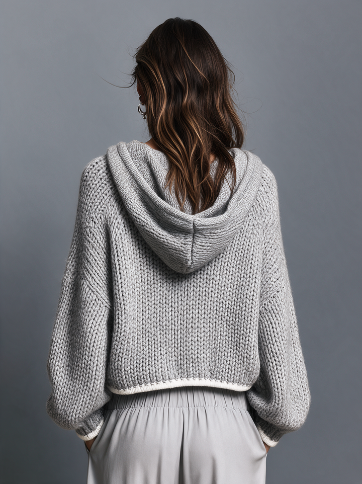 Damen Grauer Langarm Gestrickter Hoodie