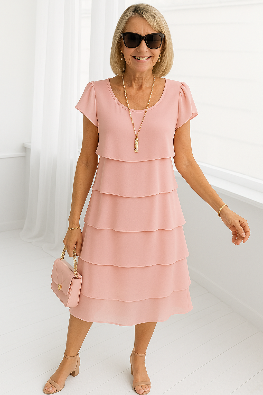 Damen Midi-Kleid mit kurzen Ärmeln in Schichten