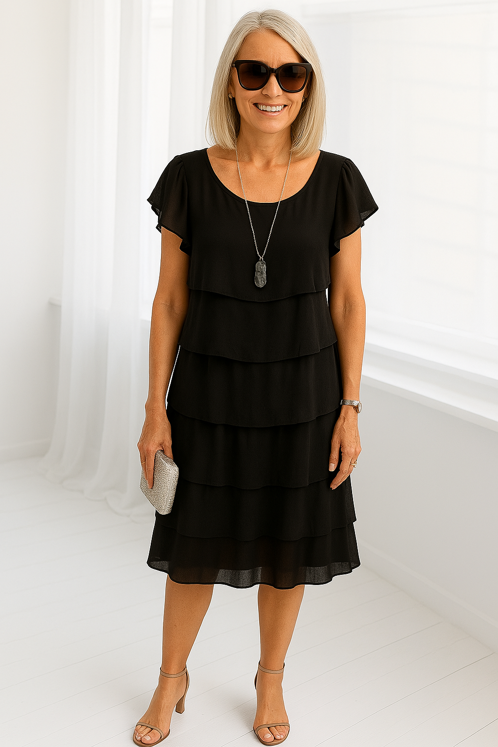 Damen Midi-Kleid mit kurzen Ärmeln in Schichten