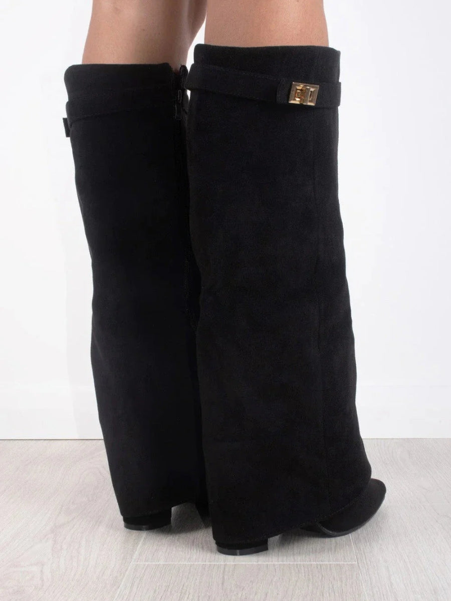 ALVINA | Luxuriöse Wildleder-Look Hohe Stiefel mit Goldakzent