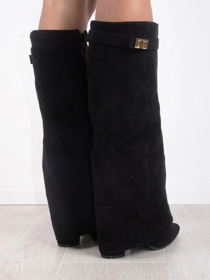 ALVINA | Luxuriöse Wildleder-Look Hohe Stiefel mit Goldakzent