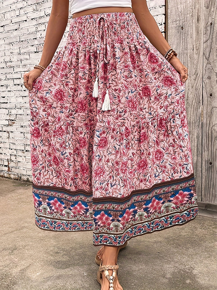 Damen Boho Lange Blumige Elegante Sommermode Rock mit Taschen