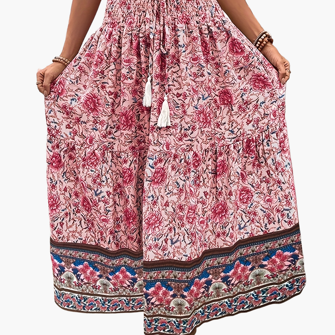 Damen Boho Lange Blumige Elegante Sommermode Rock mit Taschen