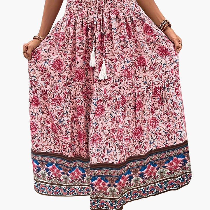 Damen Boho Lange Blumige Elegante Sommermode Rock mit Taschen