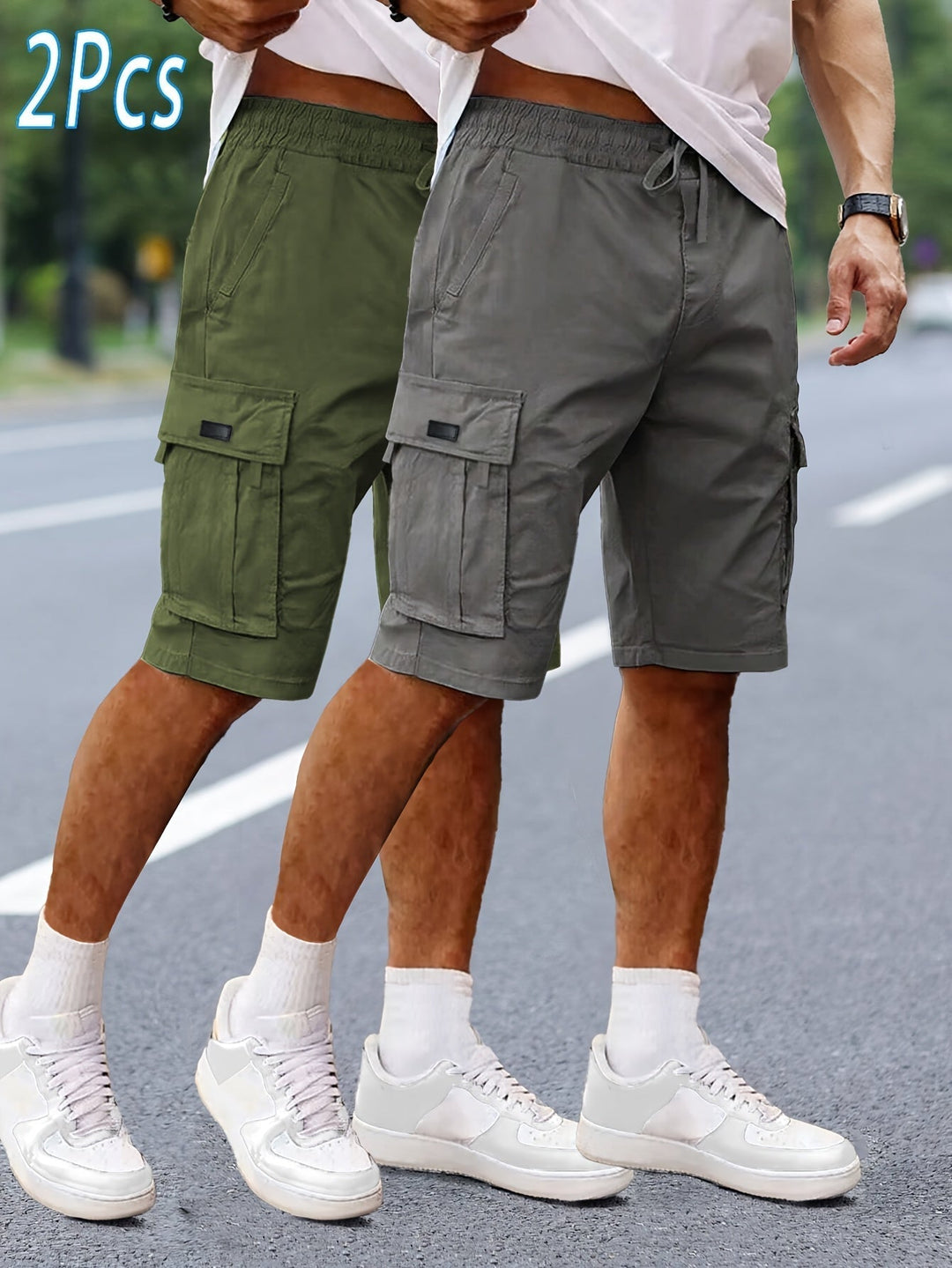 Herren-Cargoshorts im 2er-Pack mit Taschen, bequeme Passform