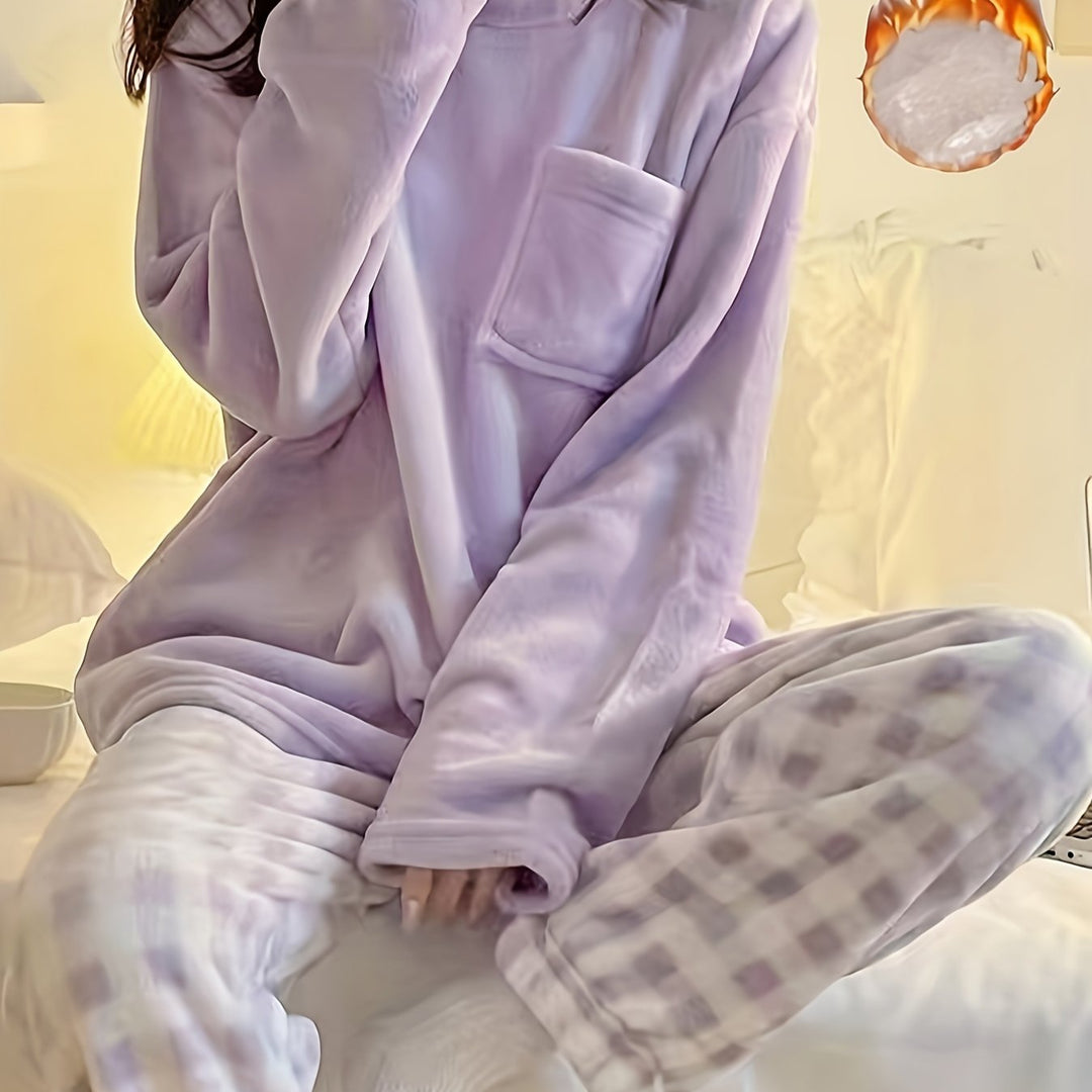 Lounge-Set Damen Zwei-Teilig Gemütliches Fleece Warm Pyjama Set Winter