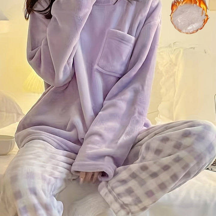 Lounge-Set Damen Zwei-Teilig Gemütliches Fleece Warm Pyjama Set Winter
