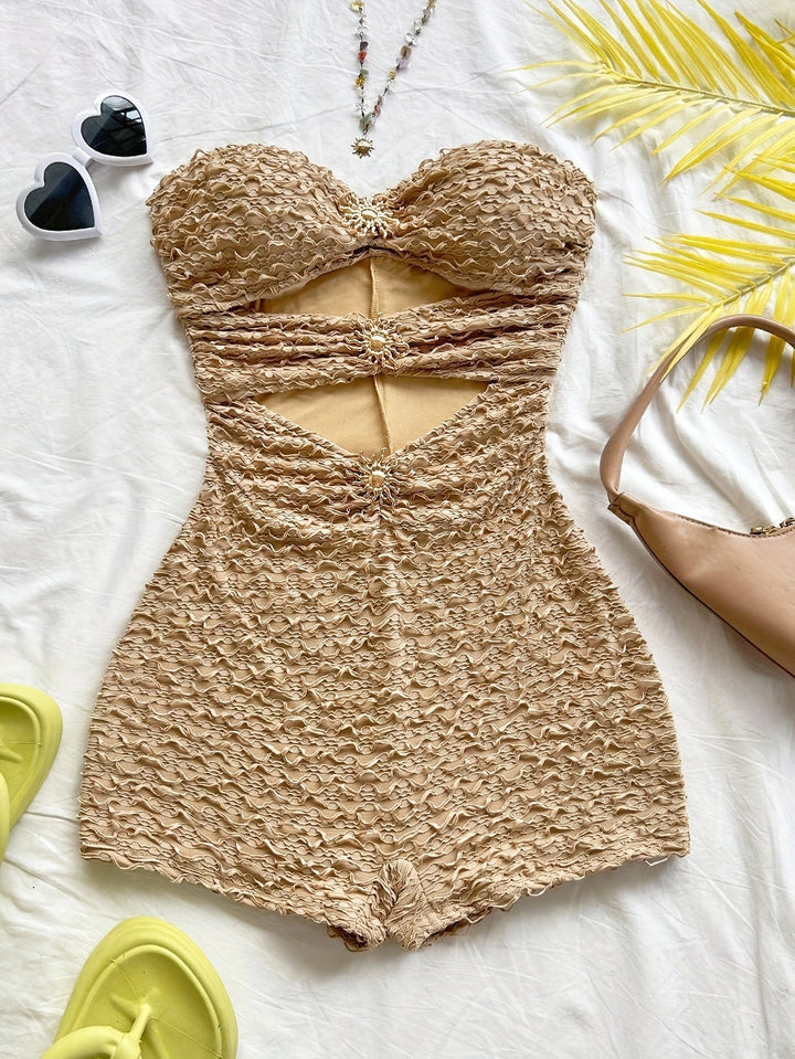 Damen Baddräkt Retro Bandeau Leopardenmuster mit Ausschnitten und Dekorativen Schnallen – Perfekt für Strand und Pool