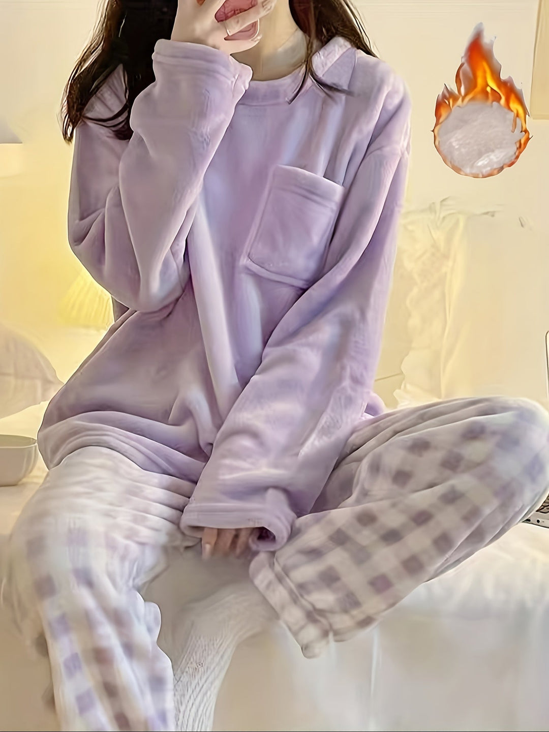 Lounge-Set Damen Zwei-Teilig Gemütliches Fleece Warm Pyjama Set Winter
