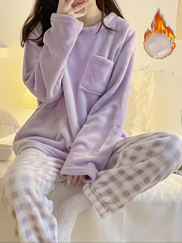 Lounge-Set Damen Zwei-Teilig Gemütliches Fleece Warm Pyjama Set Winter