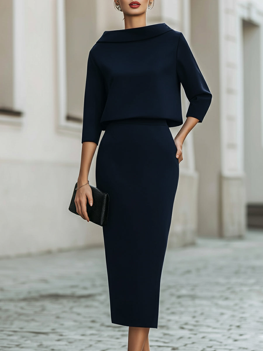 Damen Zweiteiliges Set Bootneck Top und Midi Rock Taillierte Passform - Schwarz / Marineblau / Beige - Maelen