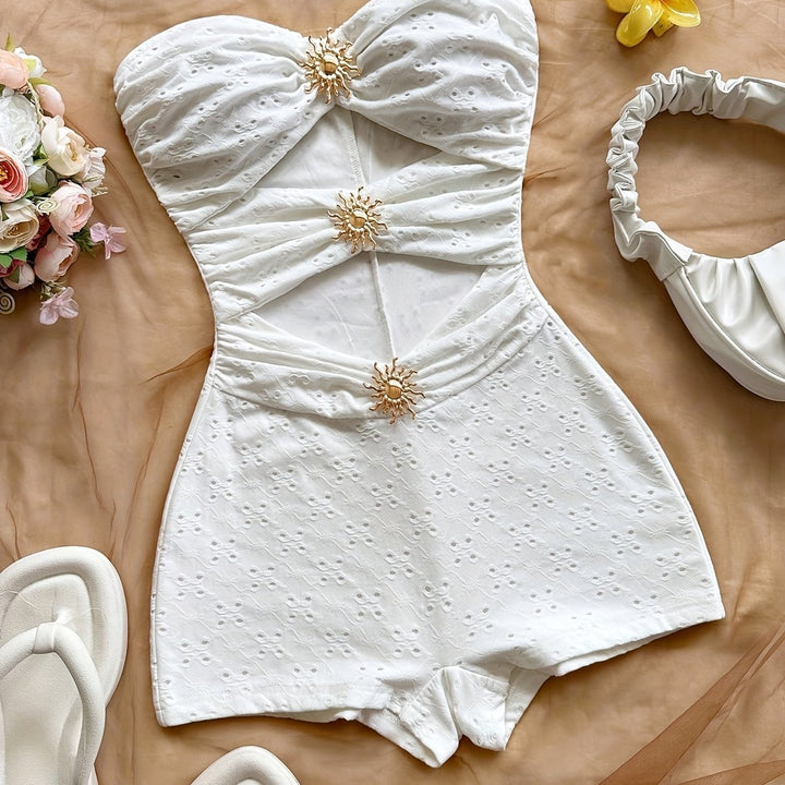Damen Baddräkt Retro Bandeau Leopardenmuster mit Ausschnitten und Dekorativen Schnallen – Perfekt für Strand und Pool