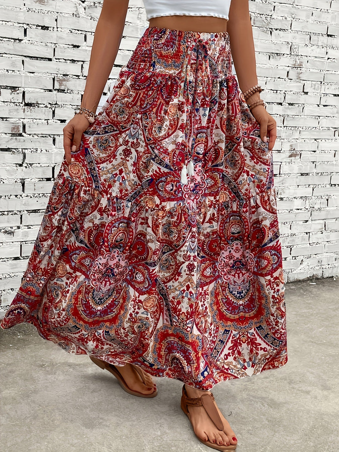 Damen Boho Lange Blumige Elegante Sommermode Rock mit Taschen