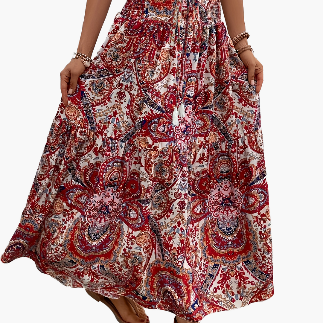 Damen Boho Lange Blumige Elegante Sommermode Rock mit Taschen