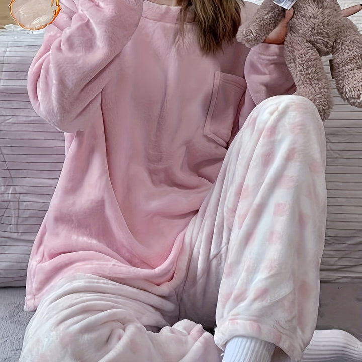 Lounge-Set Damen Zwei-Teilig Gemütliches Fleece Warm Pyjama Set Winter