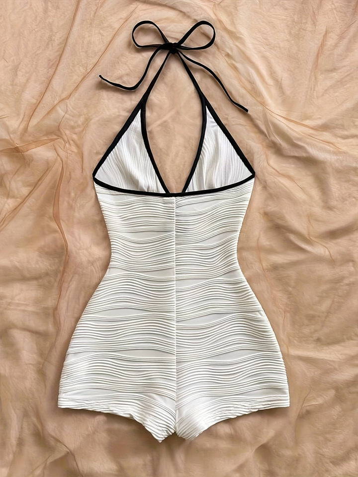Damen Badeanzug mit Halterneck und Wellenmuster – Eleganter Vintage-Stil für Strand und Pool