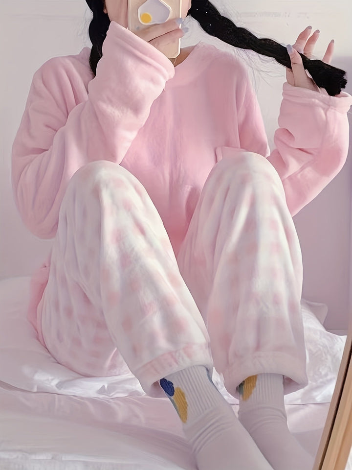 Lounge-Set Damen Zwei-Teilig Gemütliches Fleece Warm Pyjama Set Winter
