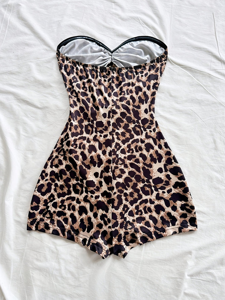 Damen Baddräkt Retro Bandeau Leopardenmuster mit Ausschnitten und Dekorativen Schnallen – Perfekt für Strand und Pool