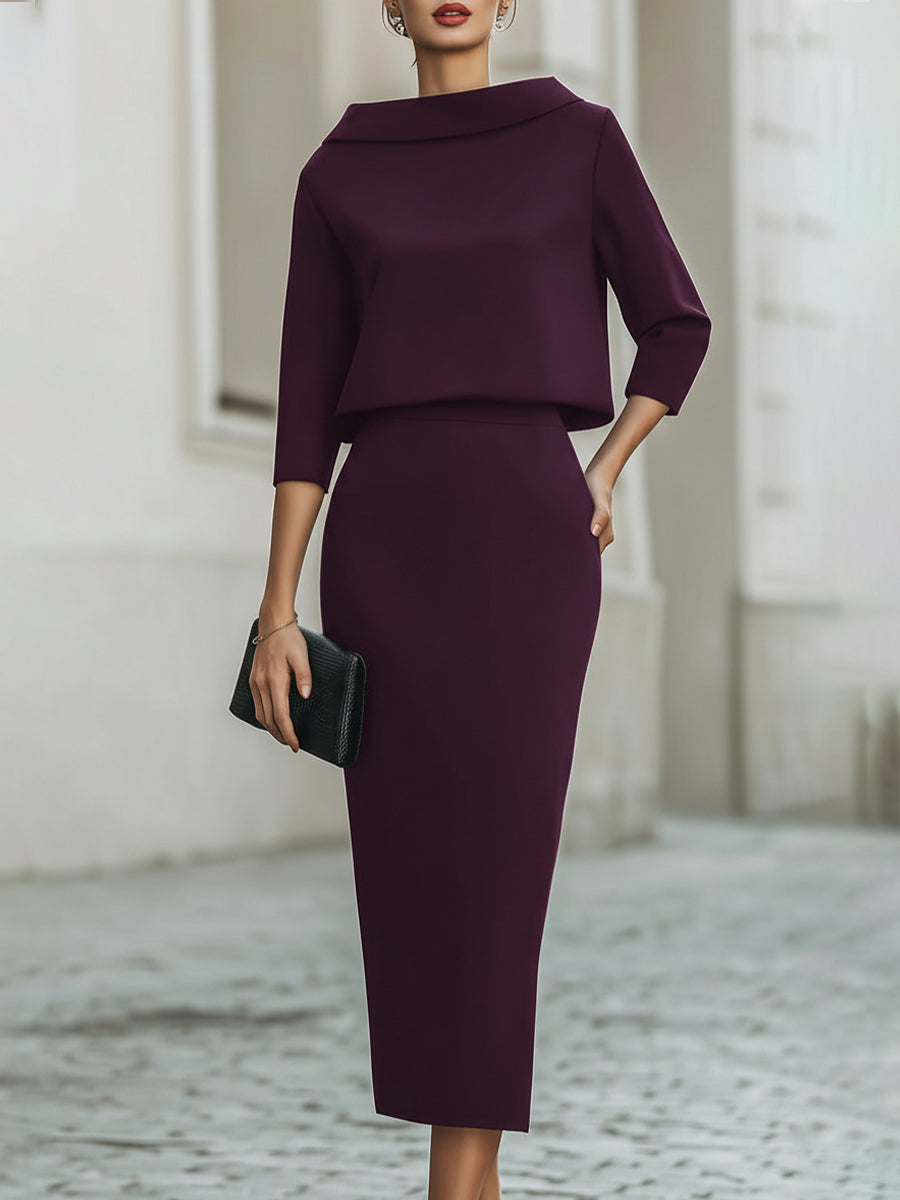 Damen Zweiteiliges Set Bootneck Top und Midi Rock Taillierte Passform - Schwarz / Marineblau / Beige - Maelen