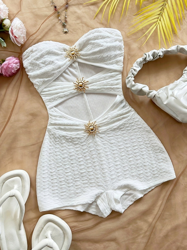 Damen Baddräkt Retro Bandeau Leopardenmuster mit Ausschnitten und Dekorativen Schnallen – Perfekt für Strand und Pool