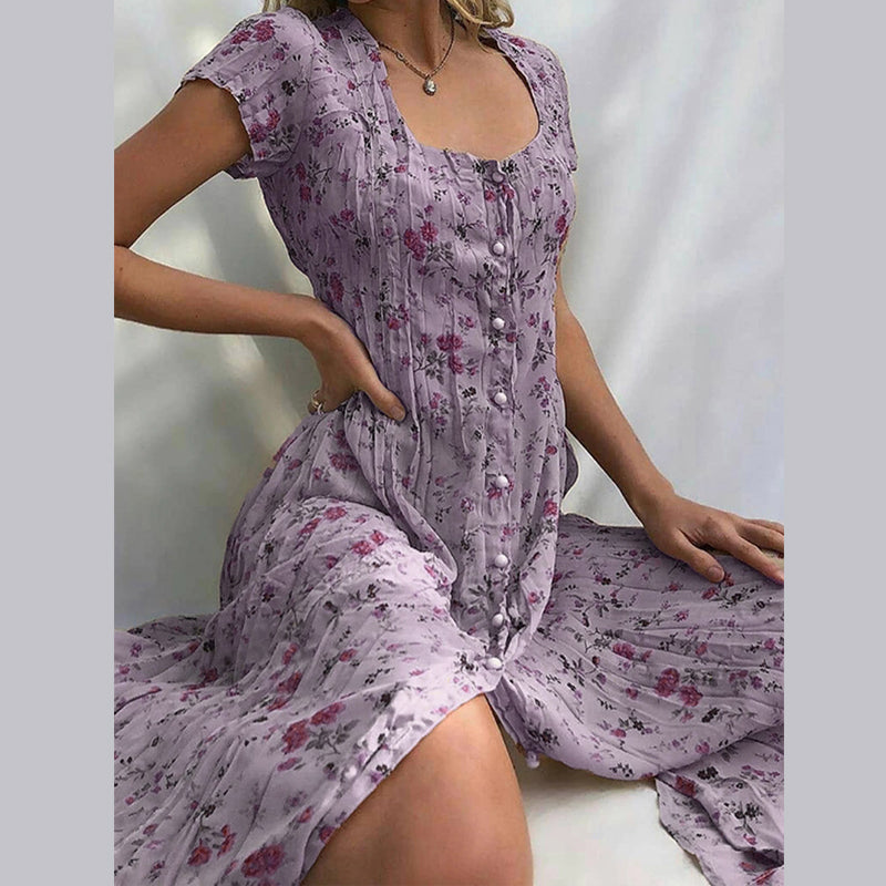 Aaliyah Kleid | Einfach geknöpft blumiges kurzärmliges Kleid