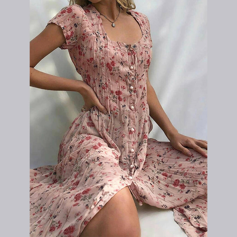 Aaliyah Kleid | Einfach geknöpft blumiges kurzärmliges Kleid