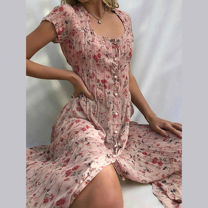 Aaliyah Kleid | Einfach geknöpft blumiges kurzärmliges Kleid