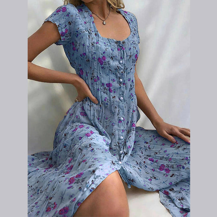 Aaliyah Kleid | Einfach geknöpft blumiges kurzärmliges Kleid