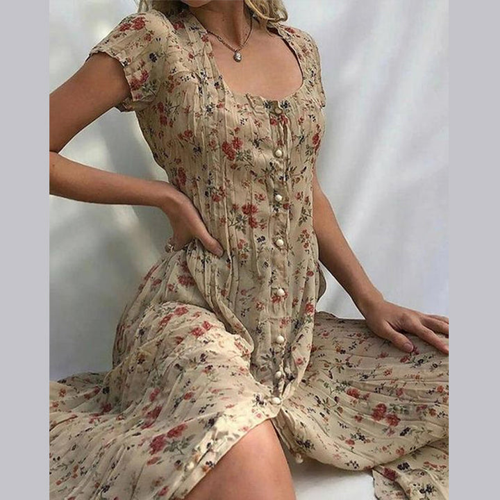 Aaliyah Kleid | Einfach geknöpft blumiges kurzärmliges Kleid