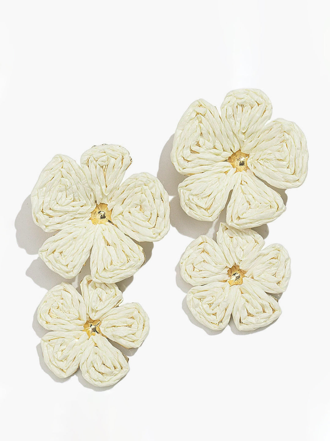 Raffia Ohrringe Damen Doppelte Blüte Anhänger mit Goldakzent - Gebrochen Weiß / Braun