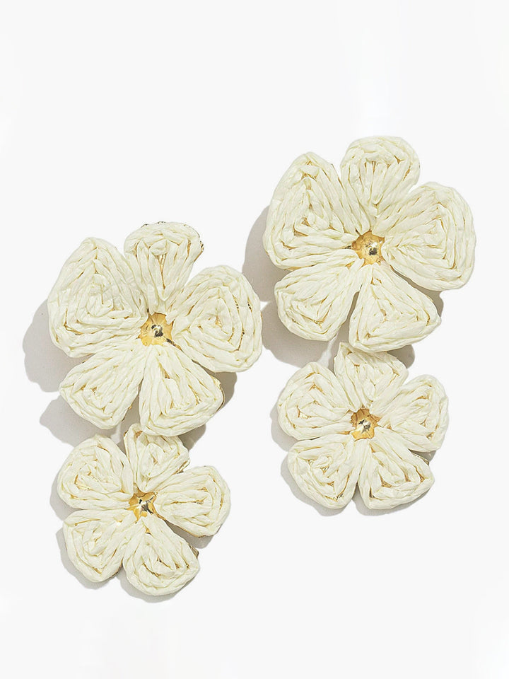 Raffia Ohrringe Damen Doppelte Blüte Anhänger mit Goldakzent - Gebrochen Weiß / Braun
