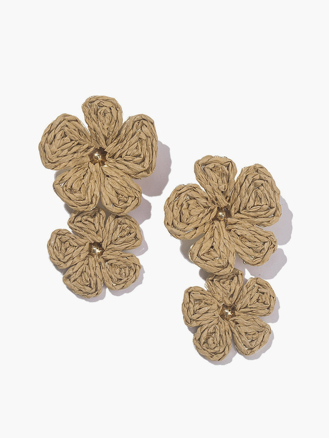 Raffia Ohrringe Damen Doppelte Blüte Anhänger mit Goldakzent - Gebrochen Weiß / Braun