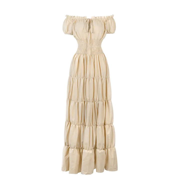 Margaret - Damen Maxikleid mit schulterfreiem Design und gestuftem Rock mit gerafftem Bund