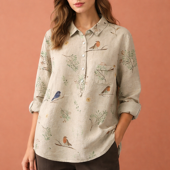 Blumenmuster Bluse mit langen Ärmeln und Kragen für Damen | Viona
