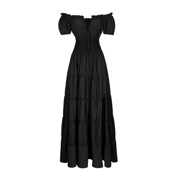 Margaret - Damen Maxikleid mit schulterfreiem Design und gestuftem Rock mit gerafftem Bund