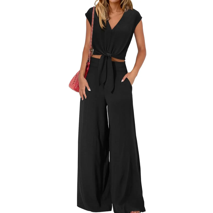 Michelle - V-Ausschnitt Crop Top mit Knoten vorne und weit geschnittene Hose Set