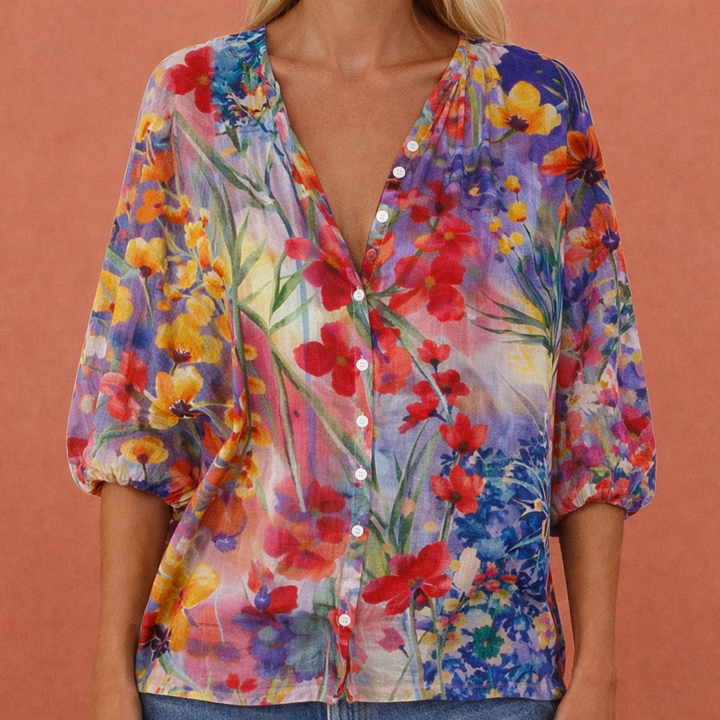 Bedruckte Bluse mit V-Ausschnitt und Knopfverschluss für Damen | Mireya