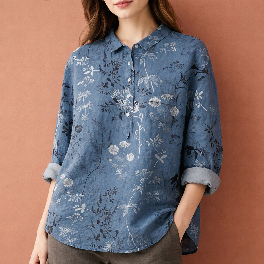 Blumenmuster Bluse mit langen Ärmeln und Kragen für Damen | Viona