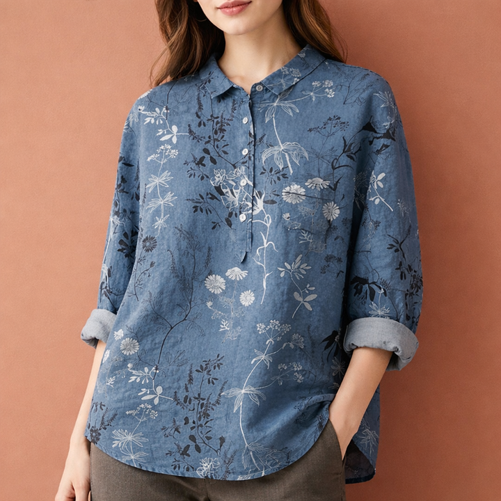 Blumenmuster Bluse mit langen Ärmeln und Kragen für Damen | Viona