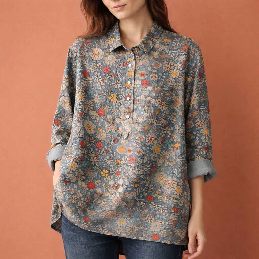 Blumenmuster Bluse mit langen Ärmeln und Kragen für Damen | Viona