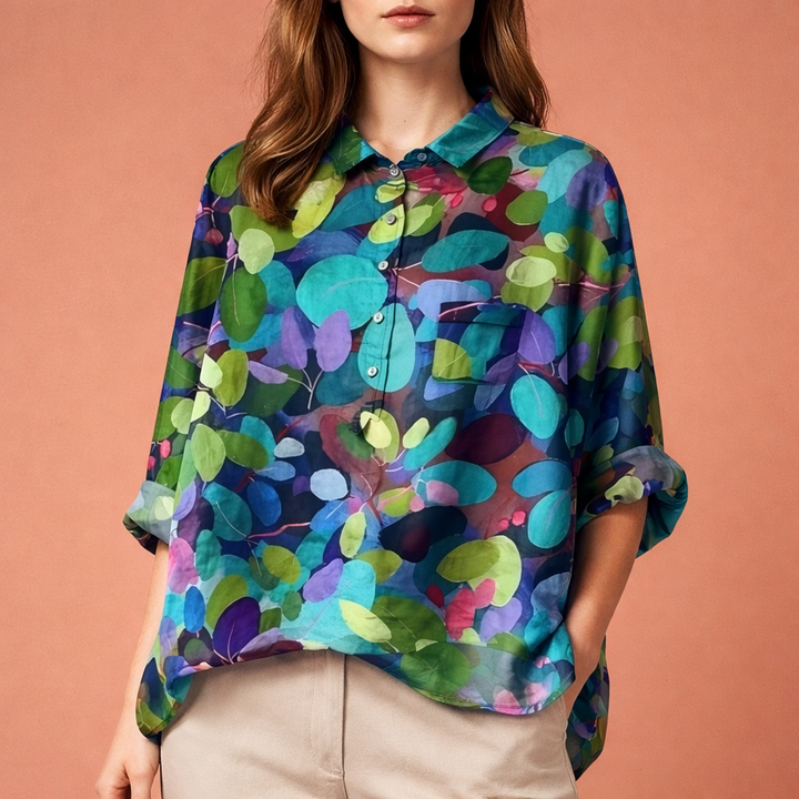 Blumenmuster Bluse mit langen Ärmeln und Kragen für Damen | Viona