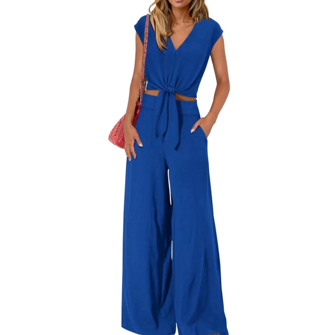 Michelle - V-Ausschnitt Crop Top mit Knoten vorne und weit geschnittene Hose Set
